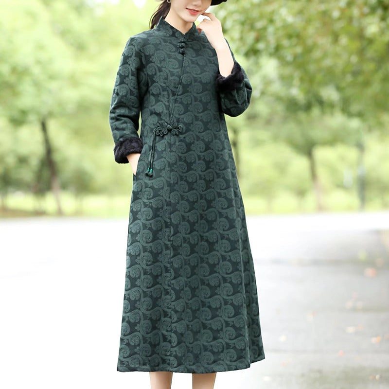 Winter-pelz-retro-ethno-blumen-baumwoll-leinen-kleid