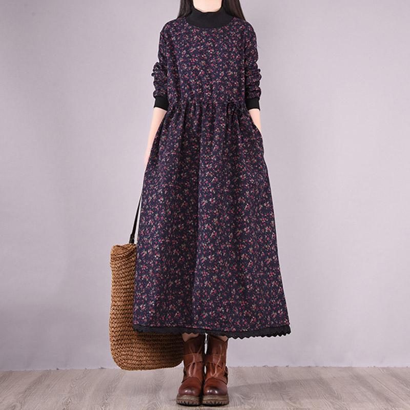 Winterkleid Im Koreanischen Stil Mit Stehkragen Und Blumenmuster