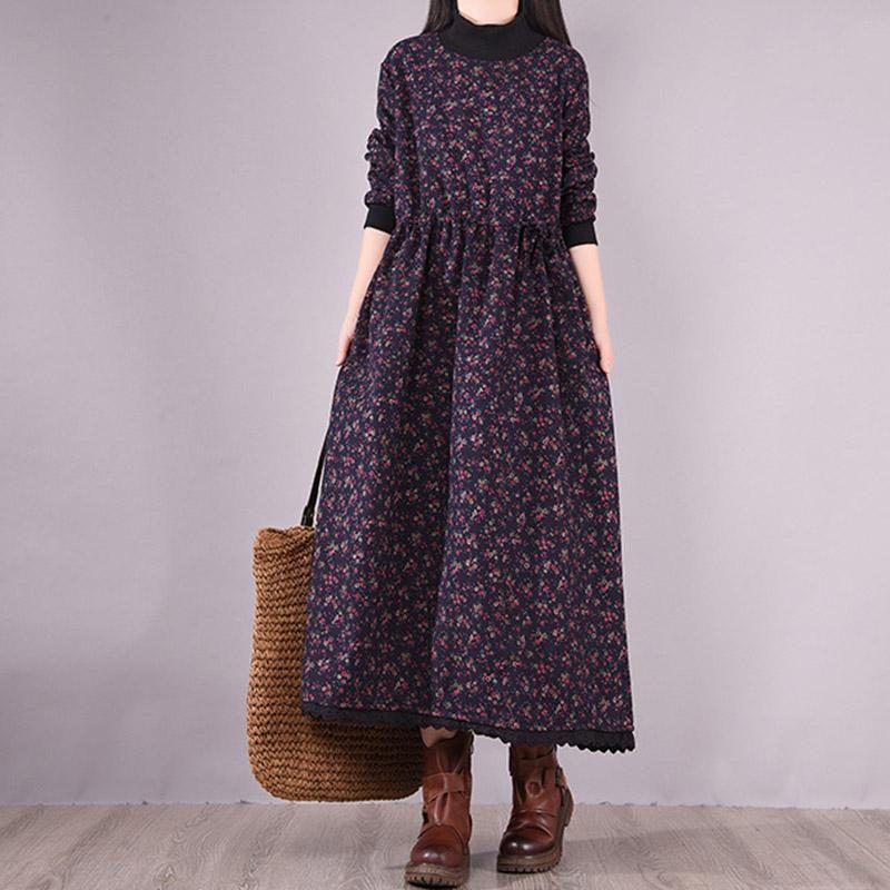 Winterkleid Im Koreanischen Stil Mit Stehkragen Und Blumenmuster