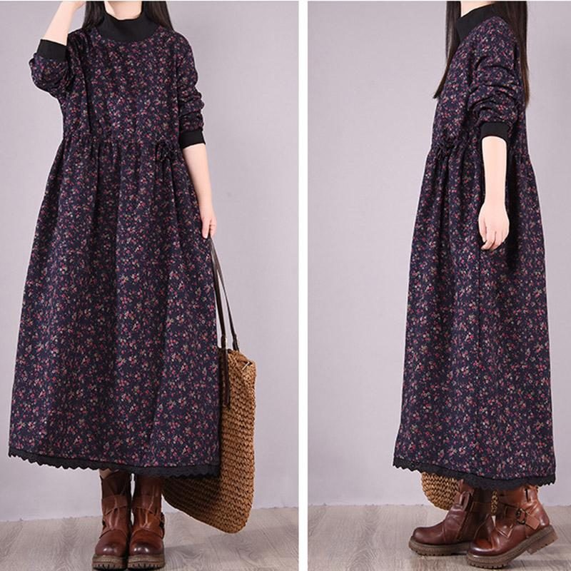 Winterkleid Im Koreanischen Stil Mit Stehkragen Und Blumenmuster