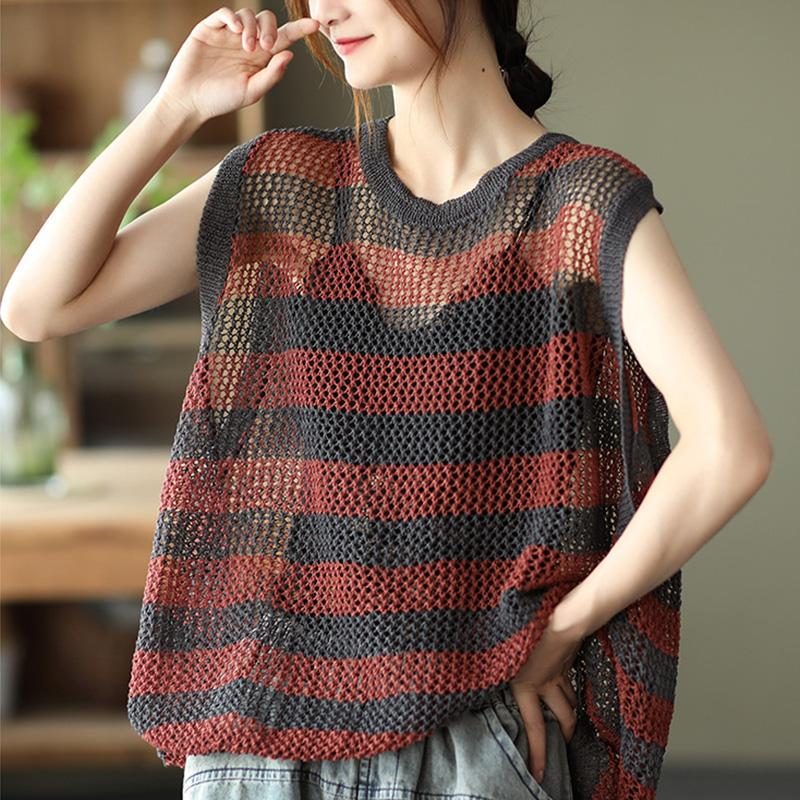 Frauen Retro Loose Hollow Cotton Leinen Strickweste