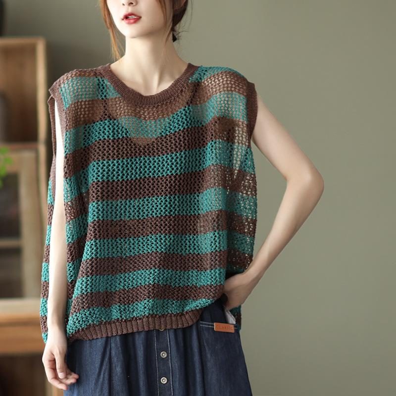 Frauen Retro Loose Hollow Cotton Leinen Strickweste