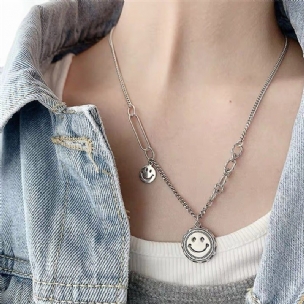 Damenmode Vintage S925 Silber Smiley Halskette