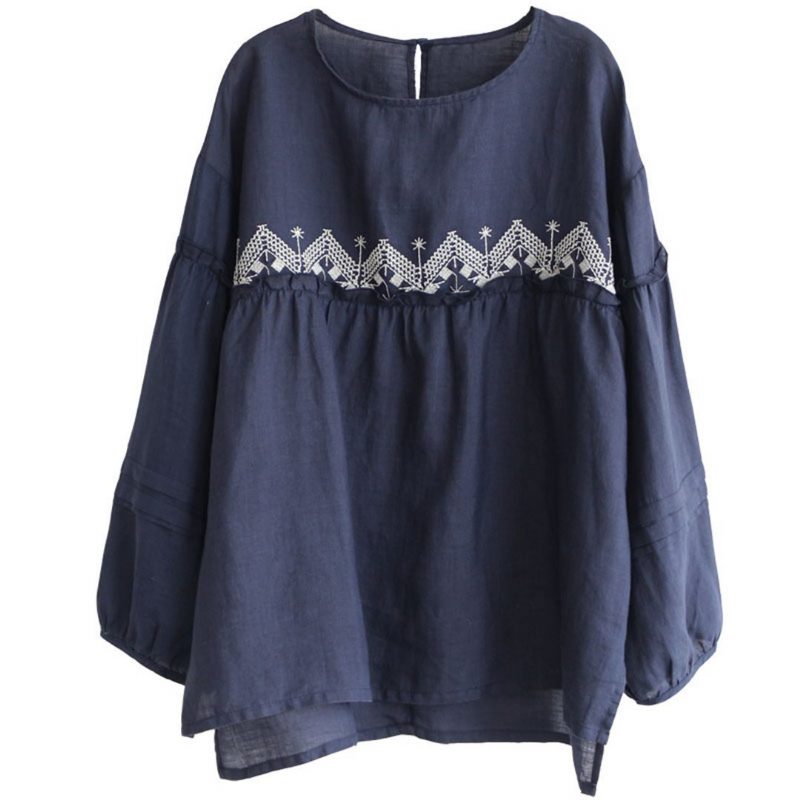 Bestickte Raglan-bluse Mit Laternenärmeln Aus Leinen