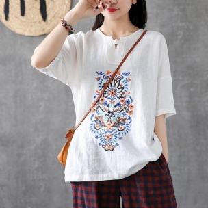 Besticktes Vintage Casual Loose Leinen T-shirt