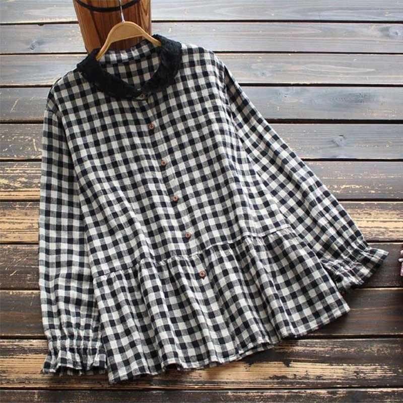 Damen Frühjahr Retro Plaid Baumwoll-leinen-bluse