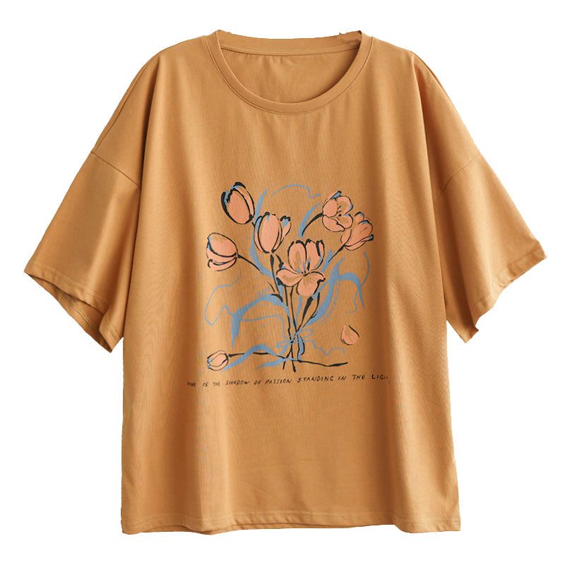 Damen-sommer-los-retro-blumen-baumwoll-t-shirt