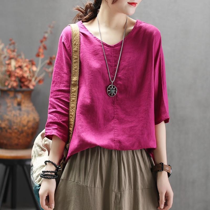 Fashion Solid V-neck Back Belt Casual Loose Bluse