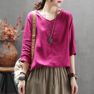 Fashion Solid V-neck Back Belt Casual Loose Bluse