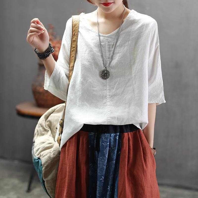 Fashion Solid V-neck Back Belt Casual Loose Bluse