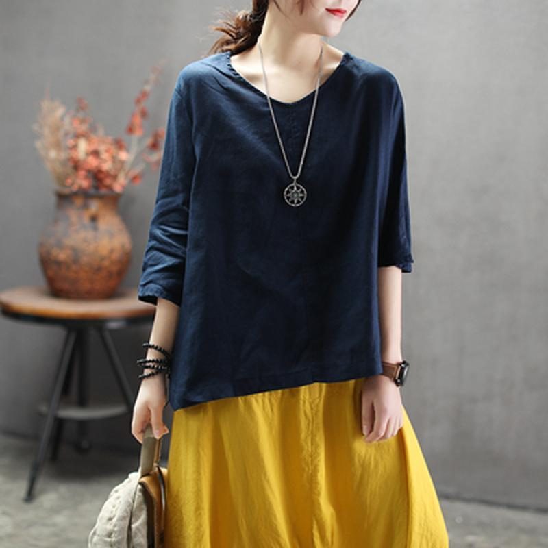 Fashion Solid V-neck Back Belt Casual Loose Bluse