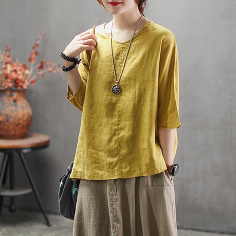 Fashion Solid V-neck Back Belt Casual Loose Bluse