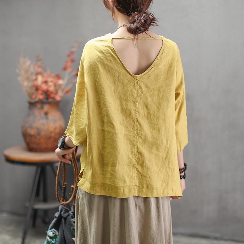 Fashion Solid V-neck Back Belt Casual Loose Bluse