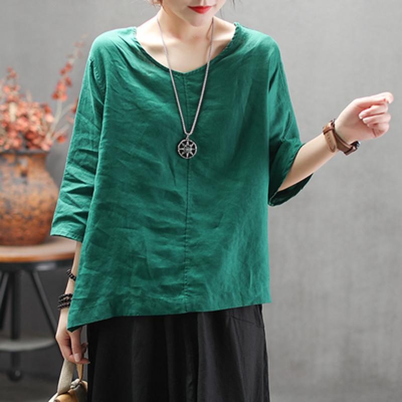 Fashion Solid V-neck Back Belt Casual Loose Bluse