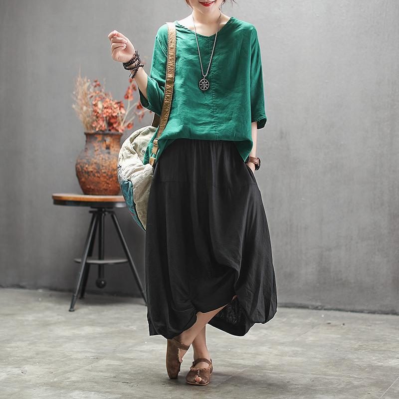 Fashion Solid V-neck Back Belt Casual Loose Bluse