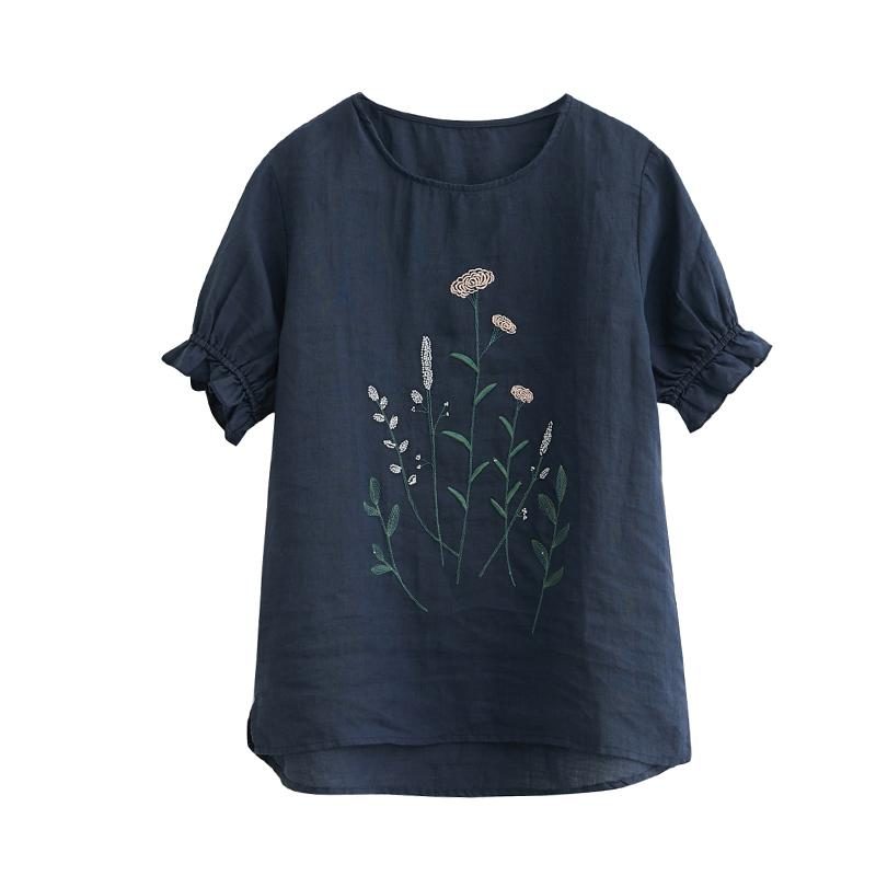 Frühlings-sommer-lockeres Beiläufiges Blumenstickerei-leinen-t-shirt