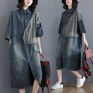 Kurzärmliges Retro-jeanshemdkleid In Übergröße