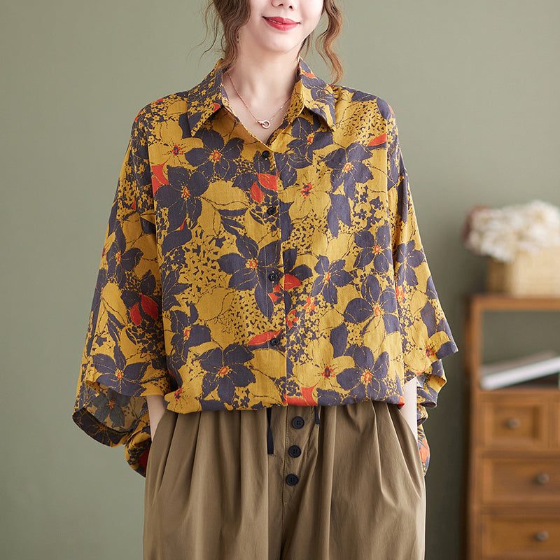 Lange Bluse Aus Gelbem Baumwoll-leinen-retro-blumenmuster Für Damen