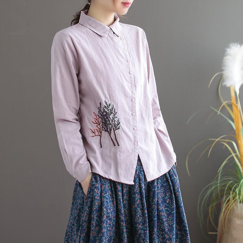 Lockere Baumwoll-leinen-bluse Mit Retro-stickerei