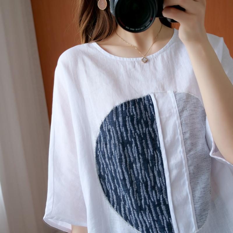 Loses Patchwork-t-shirt Aus Baumwolle Und Leinen Für Damen