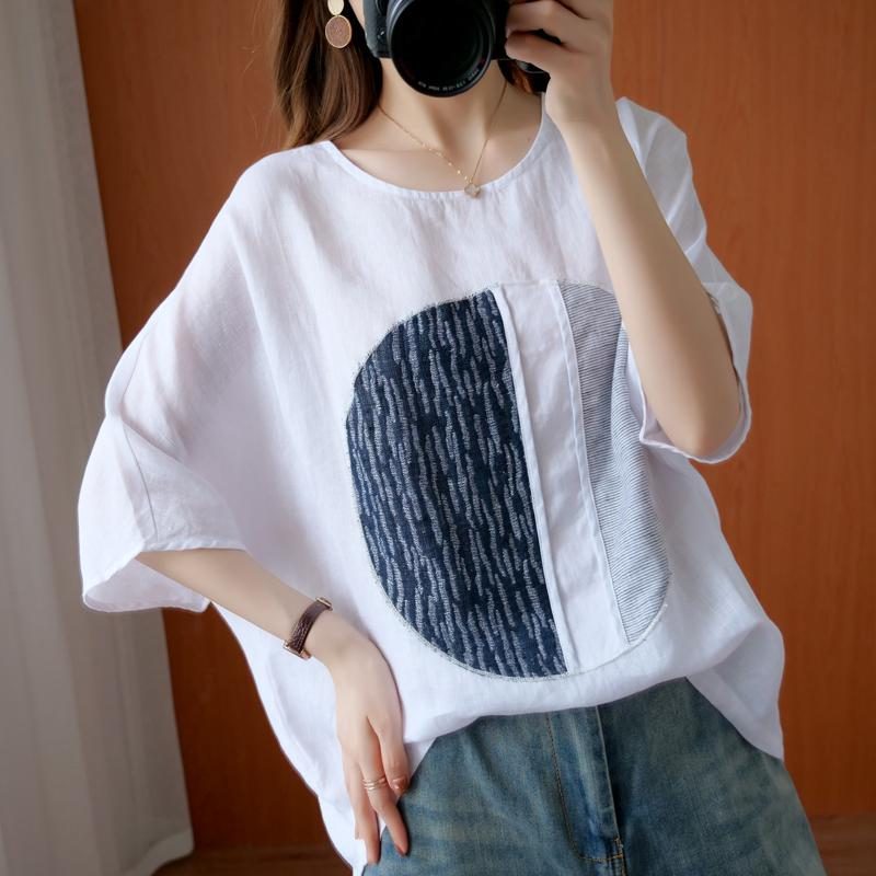 Loses Patchwork-t-shirt Aus Baumwolle Und Leinen Für Damen