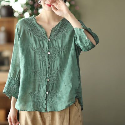 Vintage Leinen Damen Frühling Sommer Bluse Mit Blumenstickerei