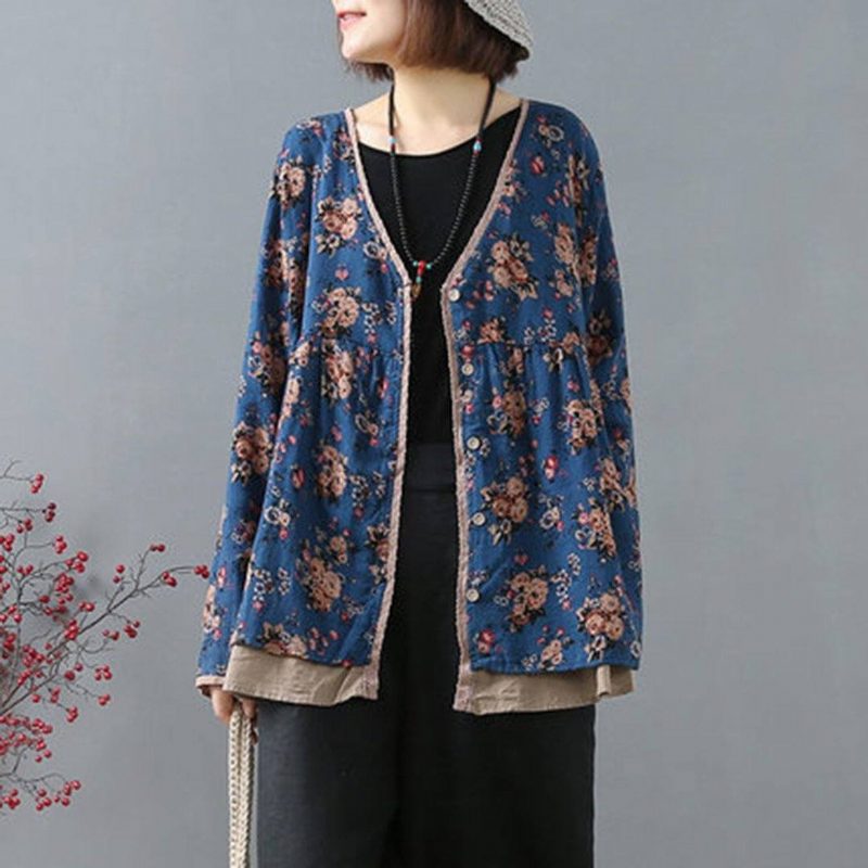 Lose Lässige Cardigan-bluse Mit Blumenmuster Im Vintage-stil