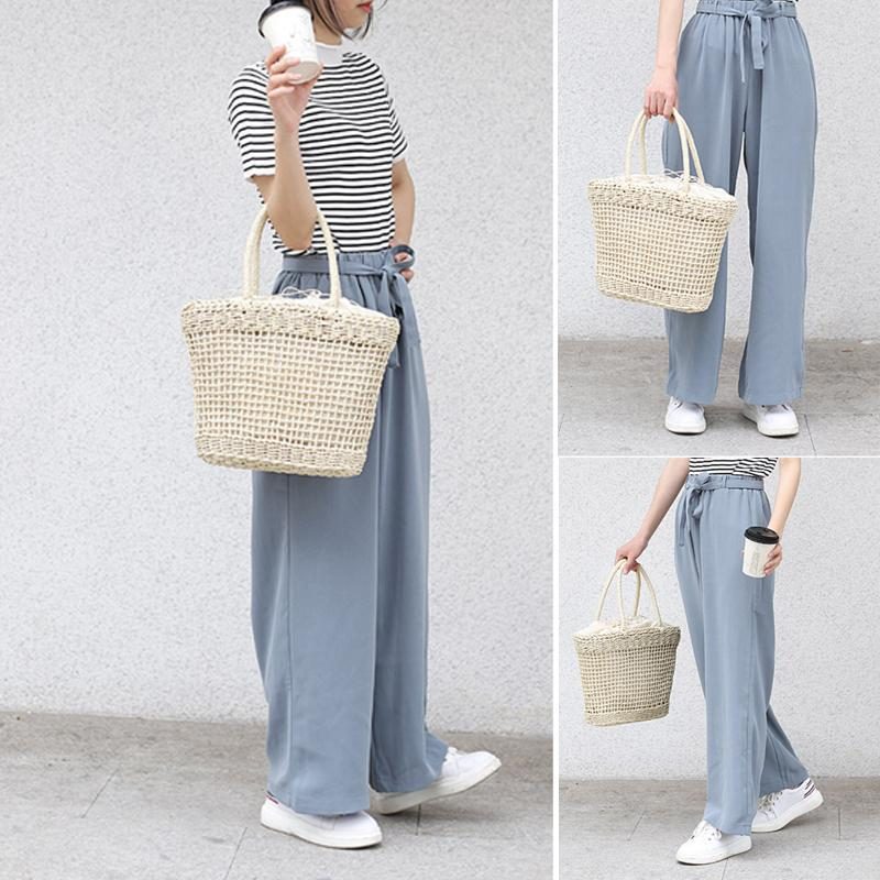 Casual Straw Solid Vertical Square Tote Damentasche