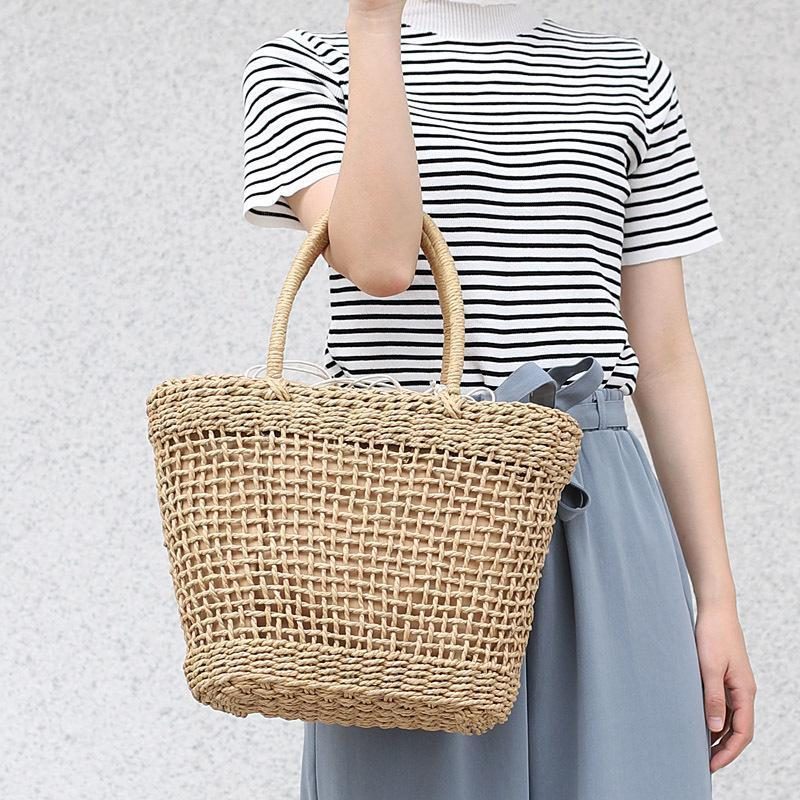 Casual Straw Solid Vertical Square Tote Damentasche